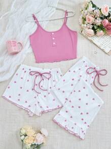 3pcs/Set Women Heart Pattern Sleeveless Top, Shorts And Pants Pajama Set - Multicolor - View 1