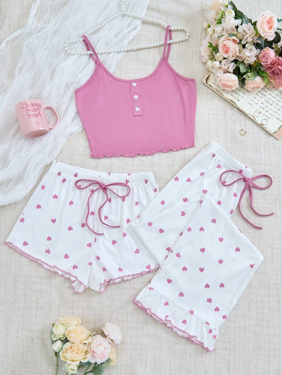 3pcs/Set Women Heart Pattern Sleeveless Top, Shorts And Pants Pajama Set - Multicolor - View 1