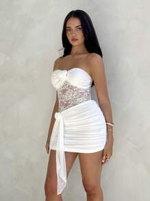 Aloruh Women's Sexy And Elegant Lace Panel Bustier Floral Decor Fitted Mini White Lace Dress Beach Resort Women Women Summer Dress Women White Dress Beach Outfits For Woman - White - View 5