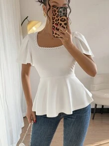 Chiquease Women's Solid Crew Neck Beaded Waist Ruffle Hem Elegant T-Shirt - White - View 6