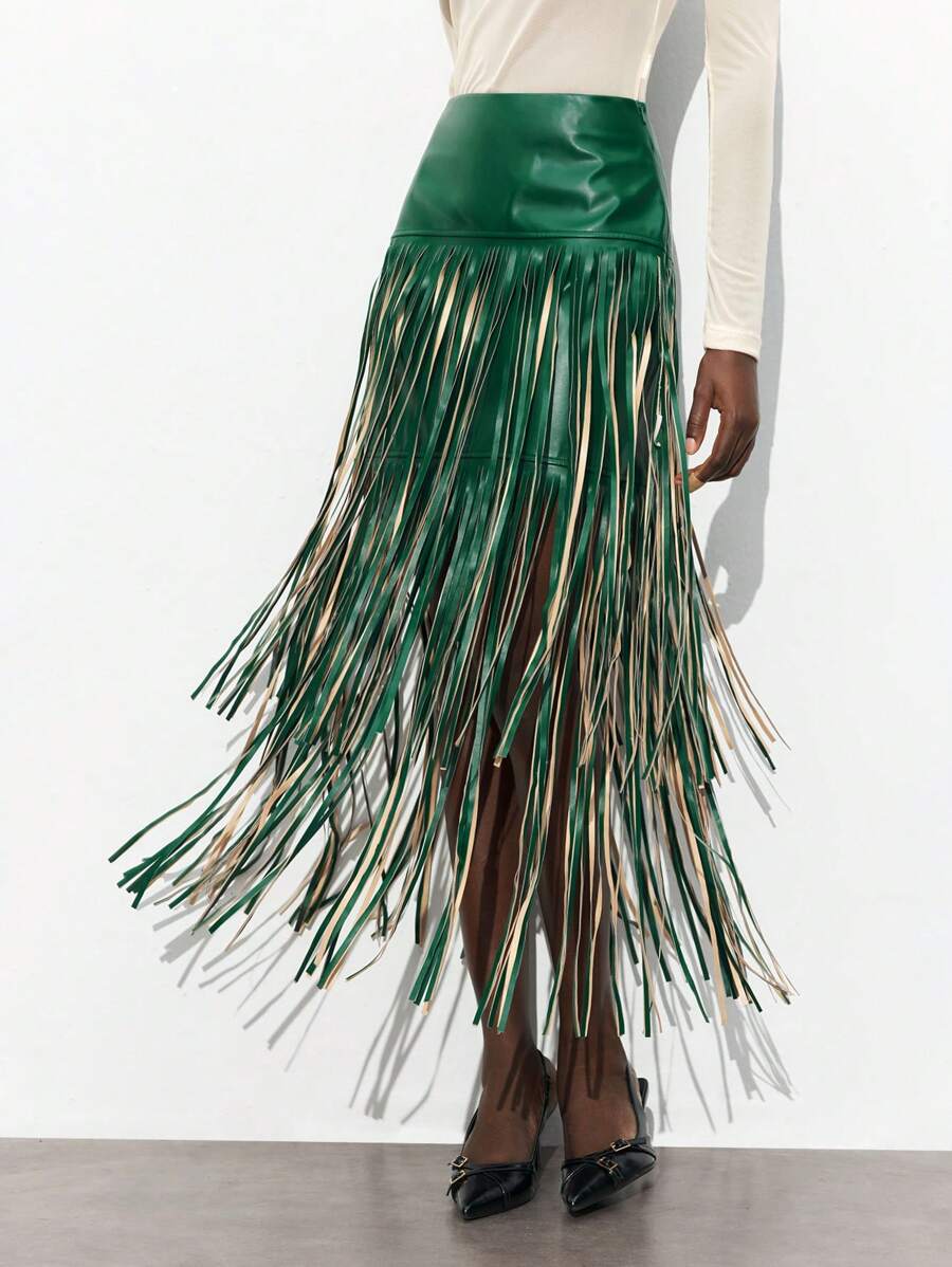 Maija 女士绿色 PU 纯色流苏边百搭现代派对高腰多层流苏裙，适合所有季节