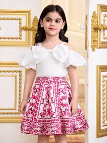 SHEIN 2 Pieces Set: Young Girls Woven Solid Cropped Casual Top And Woven A-Line Skirt,Kids - White - View 4