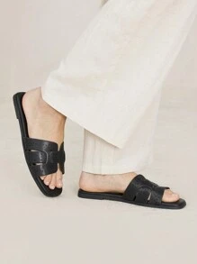 MOTF PREMIUM WOMEN'S COMFORTABLE SIMPLE WOVEN SQUARE TOE FLAT SANDALS, SPRING SHOES SPRING BREAK EASTER - Black - View 2