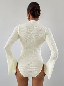 SHEIN Essnce Plus Size Women's Bodysuit, Long Sleeve Top, Summer Women's Dress, Yes Top, Valentine's Day Beach Outfits For Woman Going Out Tops Women, Cute Tops Beach Vacation Outfits - White - View 2