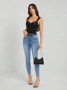 SHEIN Tall 女士优雅纯色钻石领口无袖黑色紧身衣 - 黑色 - 查看 8