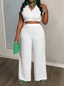 Slaydiva 全新百搭性感简约休闲白色盖袖衬衫和宽松阔腿裤两件套，女式加大码，西装