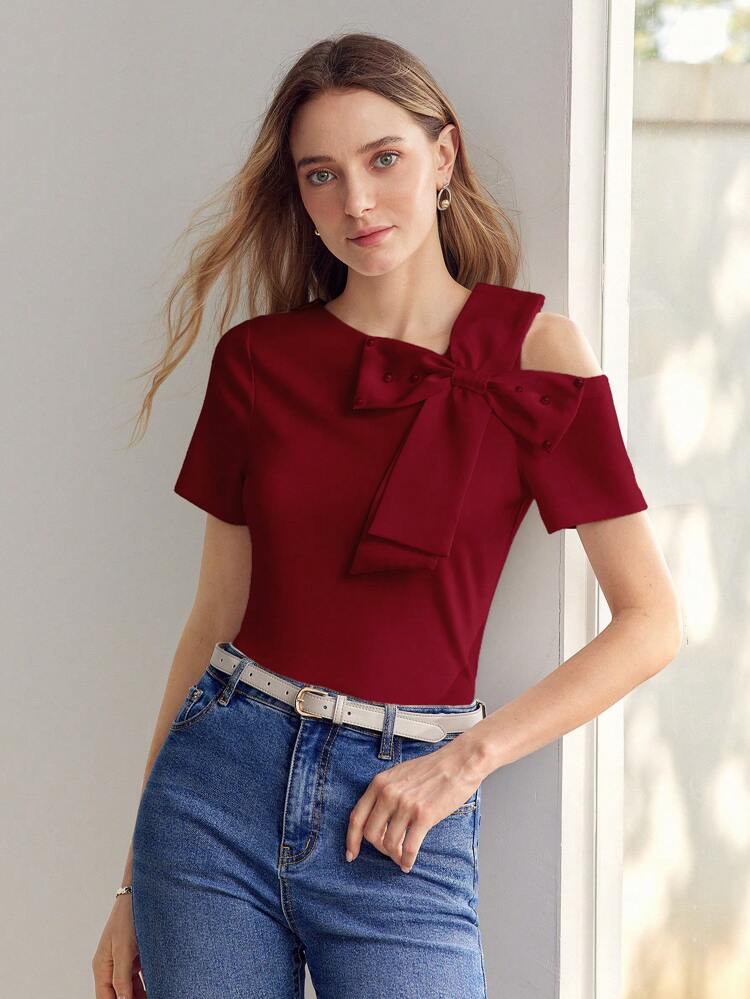 BOW DECOR ASYMMETRICAL NECK T-SHIRT