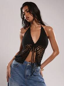 SHEIN BAE Women Solid Color Lace-Up Front Hollow Out Halter Neck Knit Top - Black - View 1