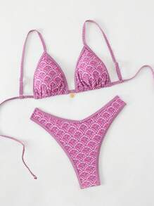 Swim Mod Spring Break Women Summer Random Floral Print Spaghetti Strap Top And High-Cut Bikini Swimwear Set - Multicolor - View 3