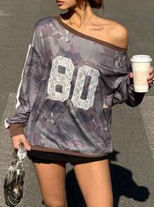 Pull femme épaules dénudées camouflage, pull casual sport blocs de couleurs, printemps et automne