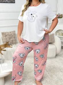 Cute Plus Size Koala Graphic White Top And Koala Print Coral Pink Pants Set, Lounge Wear
