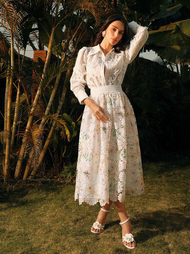 Solid Color Stand Collar Embroidered Hollow-Out Long Sleeve Elegant Blouse For Women, Festival, Going Out, Vacation, Spring