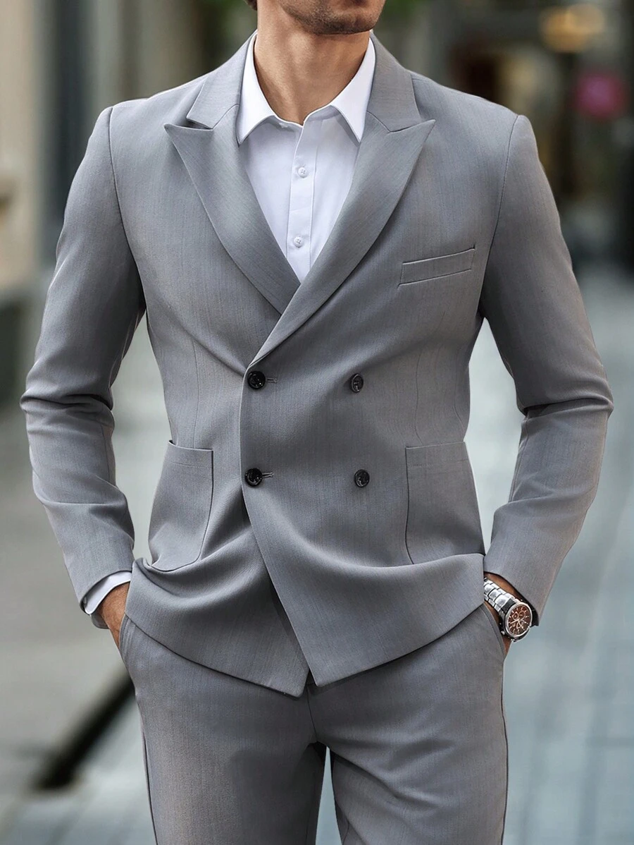 Manfinity Mode Bộ quần áo vest và áo khoác vest ôm vừa vặn hai hàng khuy ve nhọn cho nam, tiện dụng với nhiều túi, bộ vest hai mảnh thường ngày cho công sở - Xám - Xem 1