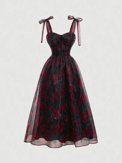 SHEIN MOD Vestido de encaje con tirantes de espagueti y cordones con estampado floral romántico francés, vestido de fiesta para mujer, vestido de Pascua para mujer, conjunto de verano para mujer, vestido floral para mujer, vestidos elegantes para mujer, vestidos elegantes para fiestas, vestido de playa, vestidos de vacaciones para mujer