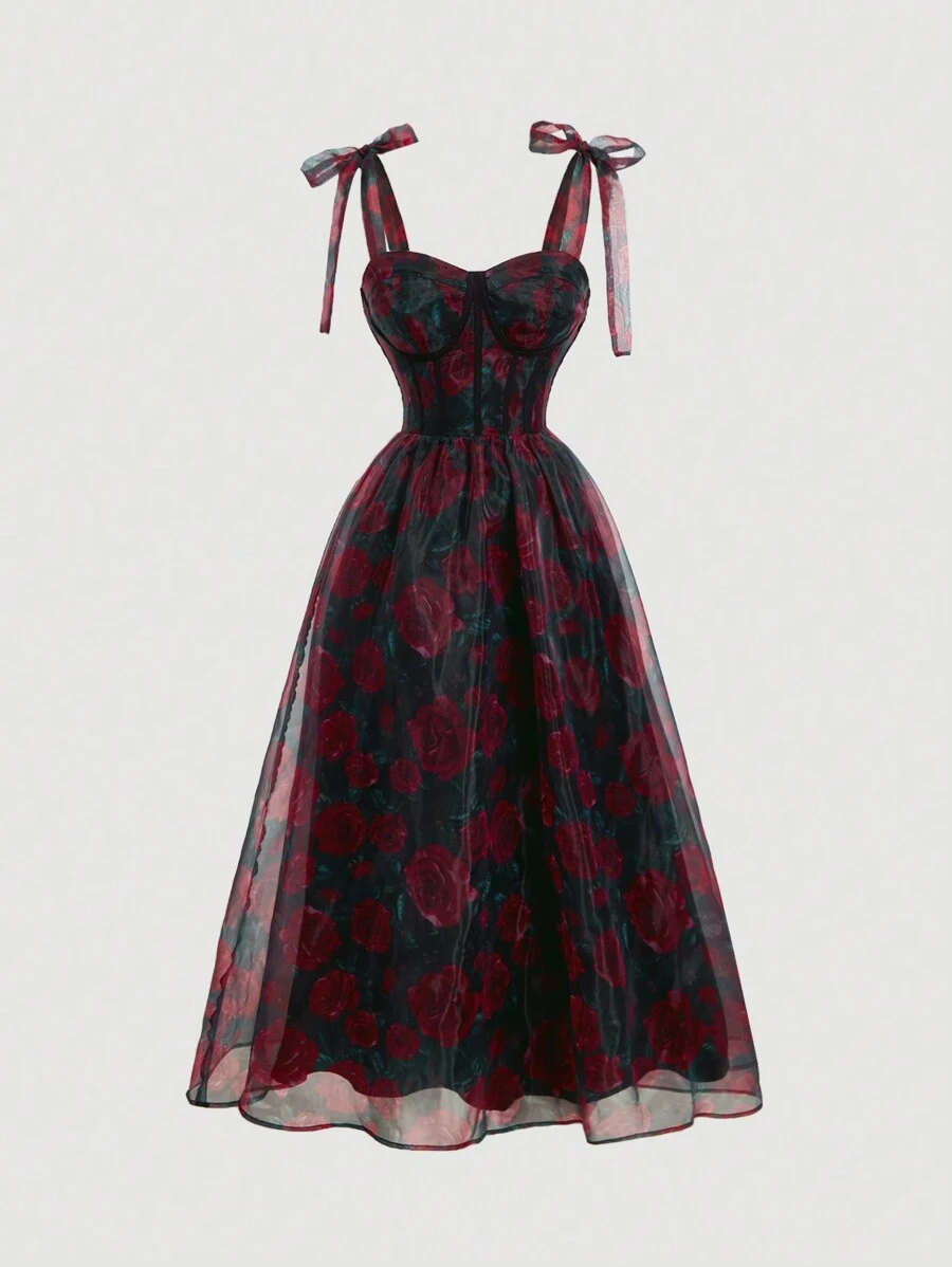 SHEIN MOD French Romantic Rose Floral Spaghetti Strap Lace Up Dress ...