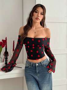 SHEIN EZwear 女士露肩长袖全身心形印花简约休闲上衣，适合日常穿着 - 黑色 - 查看 5