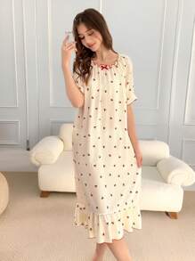 少女杏色底色搭配红樱桃印花舒适长袖睡袍家居服 - 杏色 - 查看 1