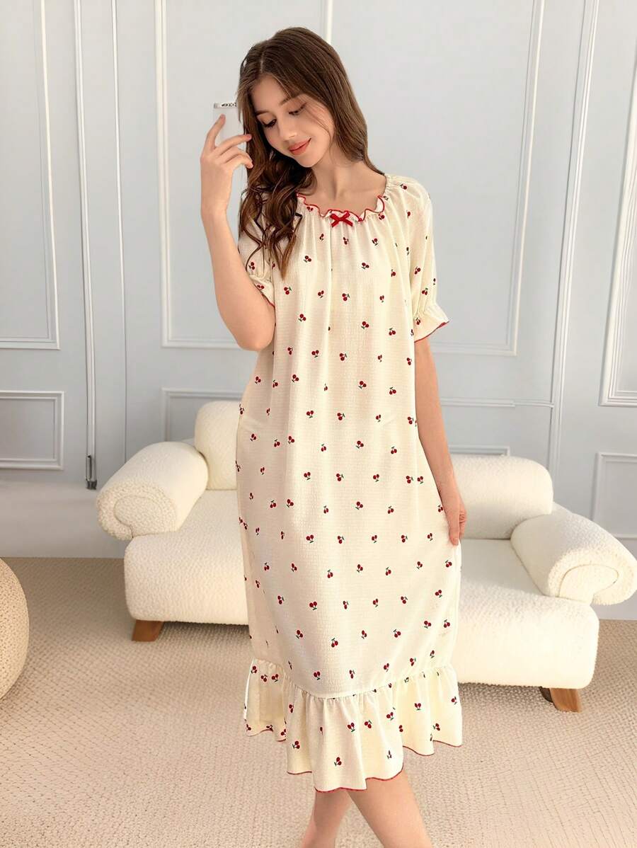 少女杏色底色搭配红樱桃印花舒适长袖睡袍家居服 - 杏色 - 查看 1