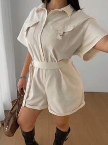 POPSWAY 大码春夏纯色休闲宽松衬衫领阔腿短裤，带大口袋，束腰修身连体衣