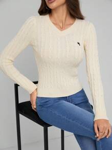 SHEIN Tall Women's Solid V-Neck Long Sleeve Simple Sweater, Casual Everyday Wear - Beige - View 6
