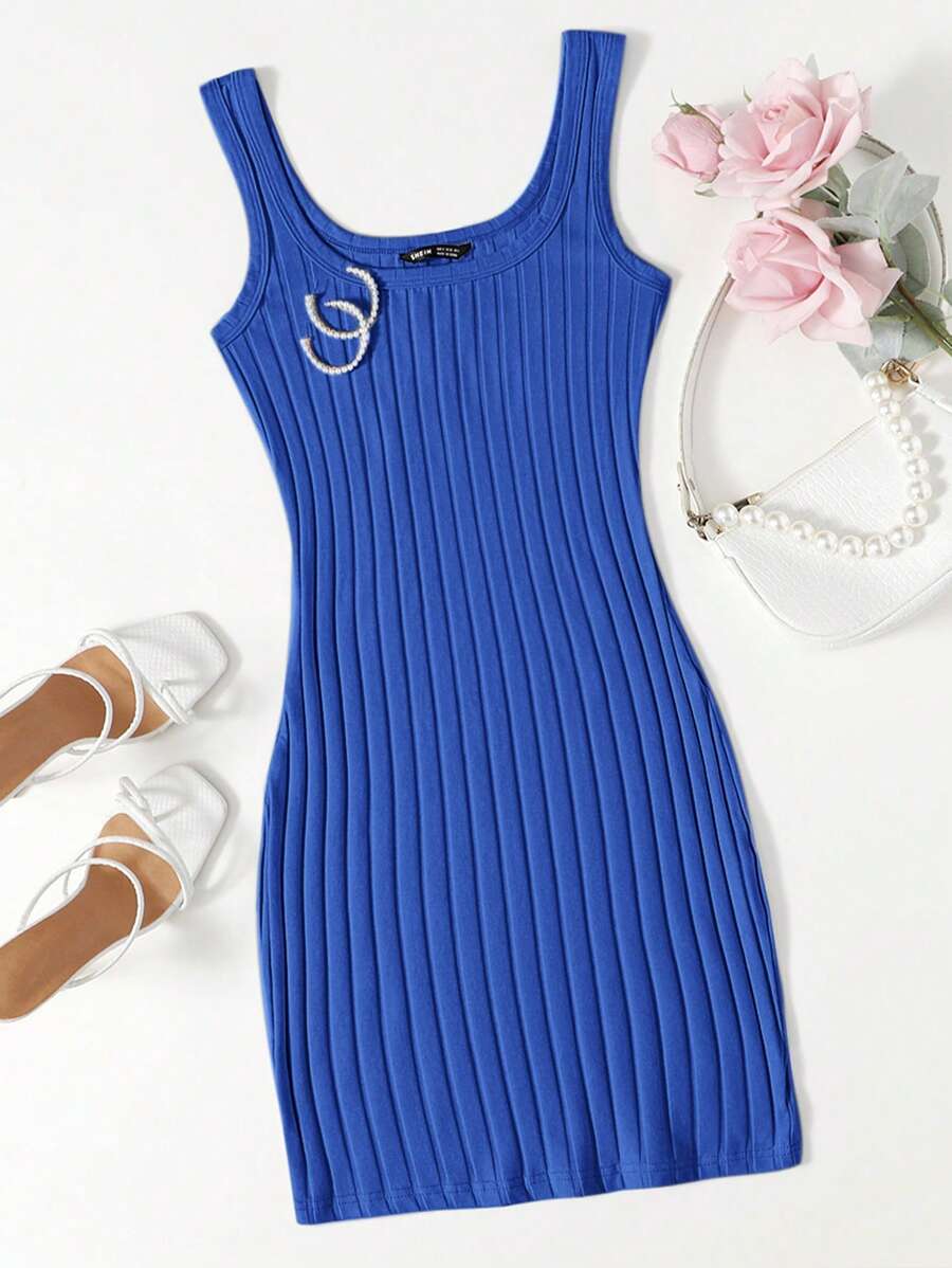 SHEIN Essnce Rib-knit Bodycon Dress - Royal Blue - View 1