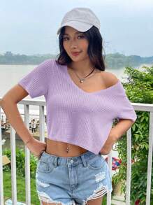 SHEIN EZwear Hot Pink Waffle Knit Crop Top For Summer - Lilac Purple - View 5