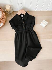 SHEIN 女宝宝夏季可爱黑色短袖腰部聚拢领连体衣 - 黑色 - 查看 4
