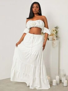 SHEIN SXY Plus Size Women's 2025 Spring/Summer 2pcs-SET White Off Shoulder Crop Top With 3D Rose Decor + Matching Ruched Skirt, Suitable For Beach Vacation, Date Night, Birthday, Bachelorette Party Outfit, Cute, Casual, Shopping, Streetwear, Going Out, Easy To Match & Looks Slim, Accent Your Body, Flatter The Figure - White - View 8