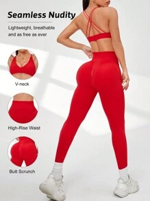 SHEIN Sport Studio Red Open Back Sports Bra And Leggings Set For Women, Yoga Fitness Workout