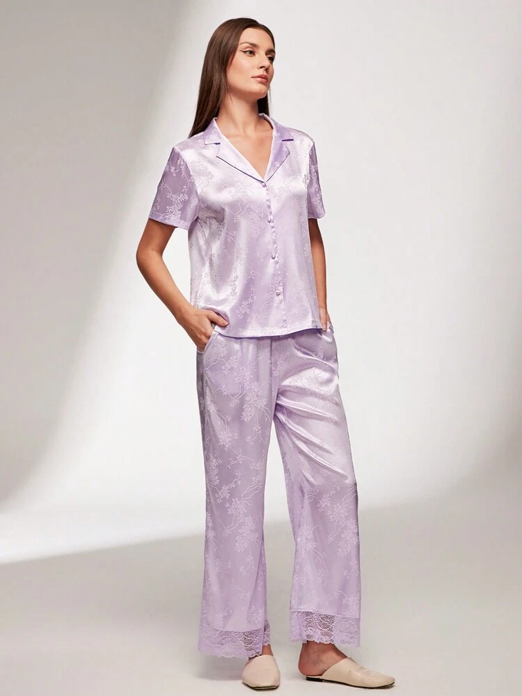 Conjunto de pijama de satén de seda con estampado floral retro elegante y lujoso, con encaje elegante, blusa de manga corta con botones y pantalones, ropa de estar en casa para mujer, pantalones con bolsillos, lencería, artículos de boda