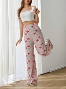 RueChic Women Cotton All Over Bow Pattern Wide Leg Sleep Bottom - Multicolor - View 3