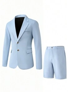Manfinity Mode Men's Solid Color Suit Set: Jacket And Shorts Casual Suits For Men - Blue - View 4