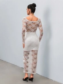 Chiquease 女士蕾丝性感方领紧身褶皱开衩连衣裙 - 白色 - 查看 2