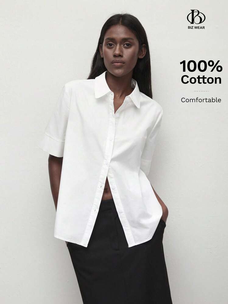 SHEIN BIZwear Camicia basic bianca con bottoni e colletto per donna, maniche medie, versatile per pendolarismo urbano, ufficio, casual business, elegante per occasioni formali, blusa alla moda - Bianco - Visualizzare 1