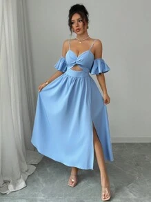 Calvaya Fashionable All-Match Sleeveless Twist Hollow Waist Ruffle Hem Slit Dress For Women