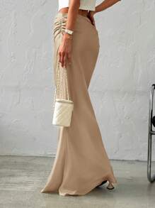 Firerie Women's Elegant Minimalist Romantic Date & Office Wear Versatile Solid Color Satin Maxi Skirt, Beige Color, Autumn/Winter - Khaki - View 4