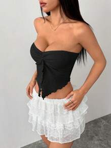 SHEIN PETITE Vacation Ladies Apricot Knitted Textured Tube Top With Twisted Asymmetric Hem Vest - Black - View 5