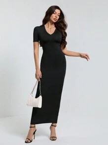 SHEIN Tall Dames effen V-hals bodycon korte mouw jurk Hoco Jurken