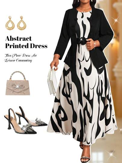 Fleurora 大码女式优雅休闲通勤抽象印花两件套连衣裙套装，夏季女士套装