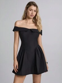 Easelle Vestido de punto negro de hombros descubiertos para mujer - Negro - Ver 4