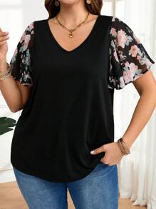 EMERY ROSE Plus Size Women's V Neck Black Floral Chiffon Bell Sleeve  Elegant Women's Top Summer Outfits  Spring Outfits For Women - Multicolor - View 1