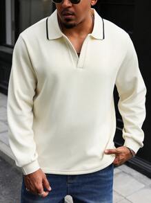 Manfinity Homme Plus Size Men Casual Minimalist Contrast Trim Long Sleeve Polo Shirt, Fall - Khaki - View 1