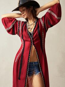 Bohemela Áo tunic dài tay dáng rộng, màu trơn, chất liệu dệt kim, phong cách boho, thích hợp cho kỳ nghỉ biển, dành cho phụ nữ yêu thích phong cách boho. - Đỏ - Xem 8