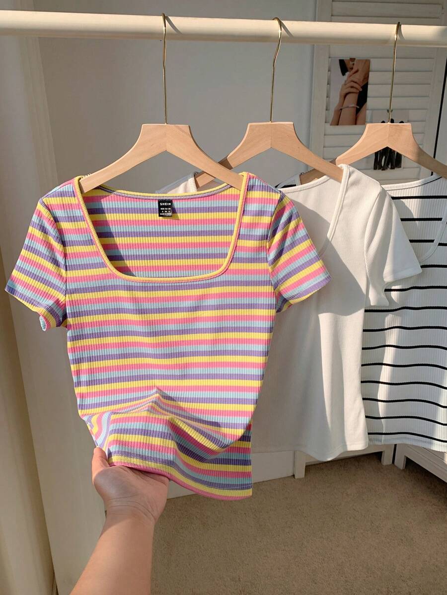 SHEIN Comfortcana 3pcs/Set Colorful Striped Short Sleeve Square Neck Casual Plus Size T-Shirts - Multicolor - View 1