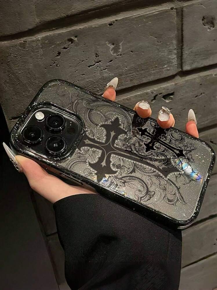 ROMWE Goth 1개 고딕 스타일 십자가 패턴 투명 글리터 폰 케이스, 할로윈