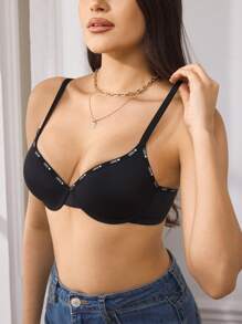 EasyFave Women's Minimalist Heart & Letter Trim Bra - Black - View 5