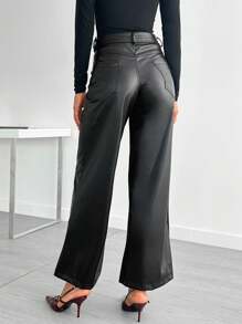 EURMUSE 女士时尚纯色系带 PU 阔腿裤 - 黑色 - 查看 2