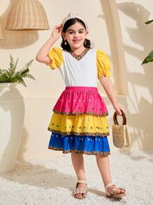 SHEIN 2 pièces/Set Top à manches bouffantes en tricot unicolore et jupe assortie pour jeunes filles - Multicolore - Voir 4