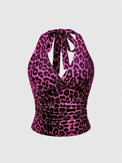 Grunge Punk Y2K Leopard Print Ruffle Halter Camisole For Women