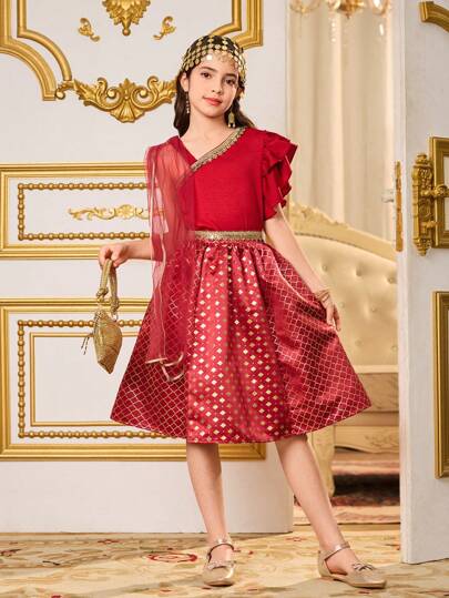 SHEIN Tween Girl 套装 Modely Tween Girl 红色不对称领口伴娘礼服，奢华且设计精美，非常适合小女孩参加特殊场合